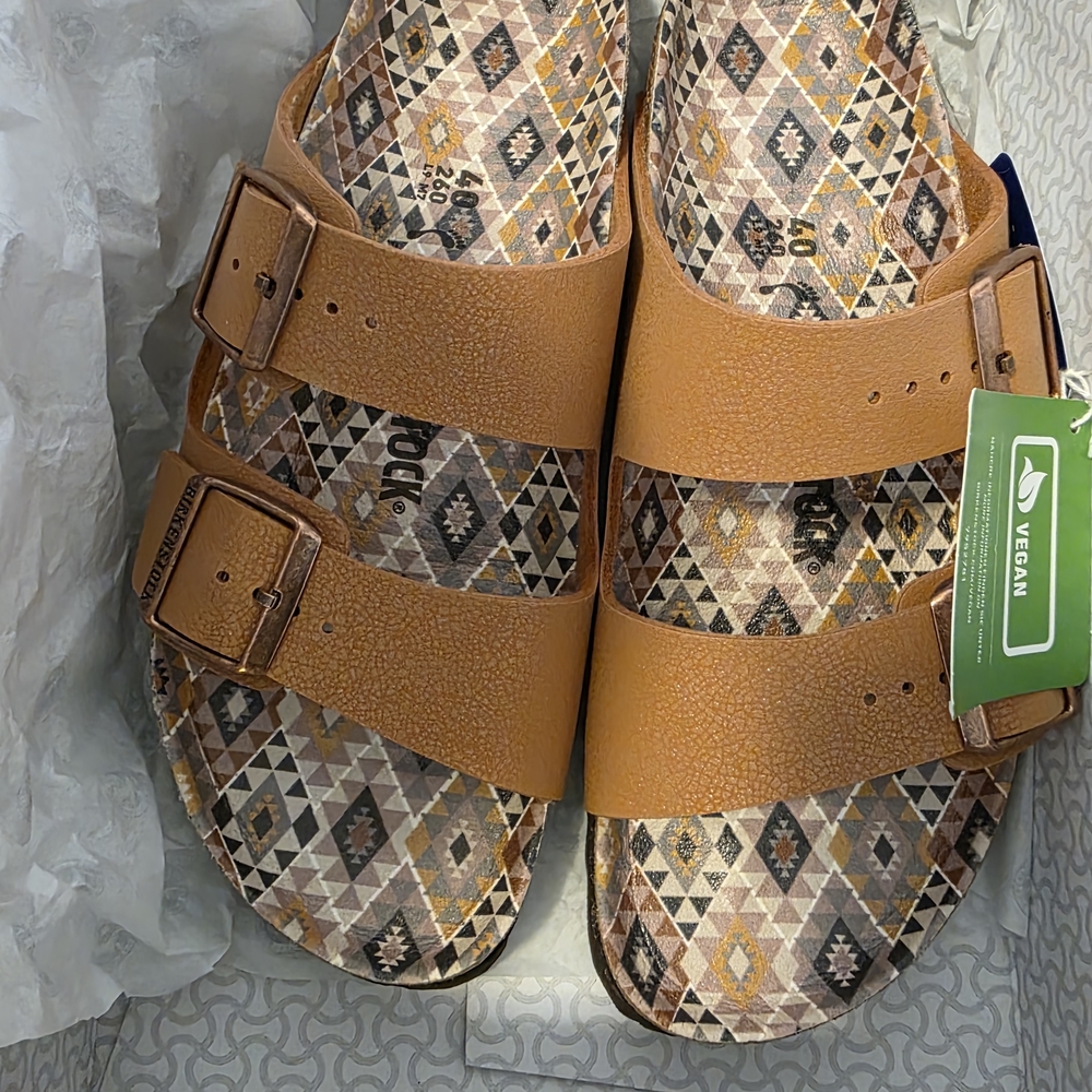 Tan Vegan Sandals with Geometric Pattern